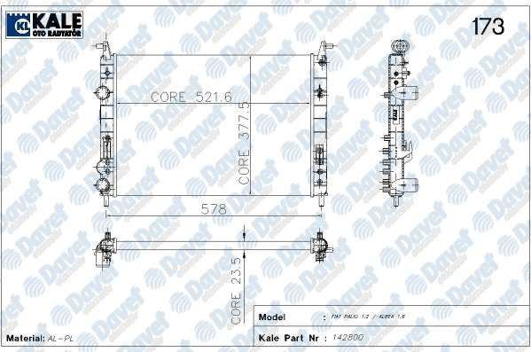 KALE 0131282AL Radyator (142800) 2sira Al+Pl Sis.Palio 1.2 Albea 1.6 16v A/C (Aliminyum)